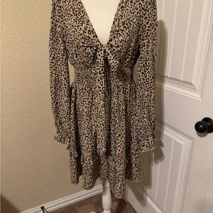 SHEIN Cream and Tan Mini Sundress with Plunge Neckline